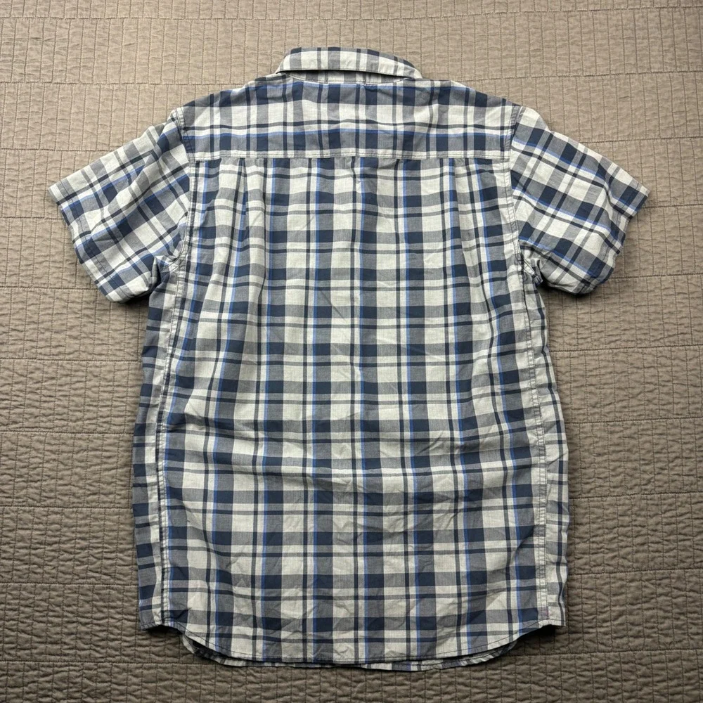 The North Face Men Medium Blue Grey Plaid Short Sleeve Button Up Shirt Hike Camp